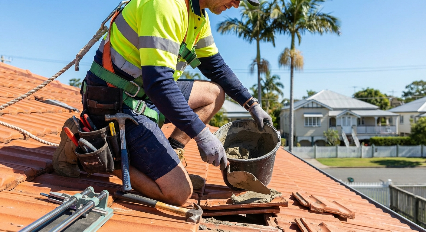 Skilled tradesperson repairing roof tiles